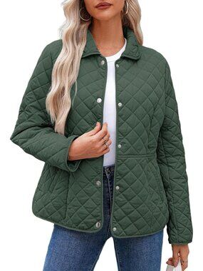 Women's Blackish Green Quilted Long Sleeve Button Down Diamond Puffer Jackets